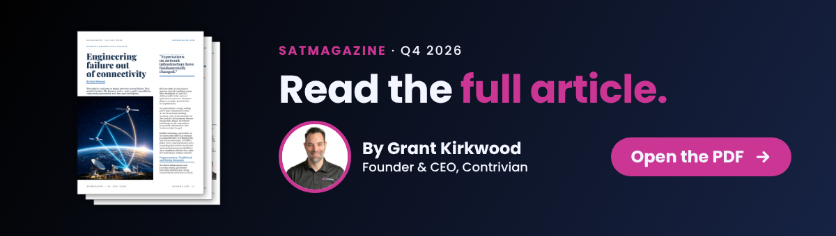 SatMagazine Q4 2026 article “Engineering Failure Out of Connectivity” by Grant Kirkwood, Founder and CEO of Contrivian. Open the full article as a PDF.
